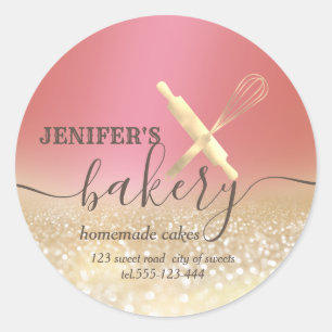 Glittery rolling pin & whisk chef script bakery classic round sticker