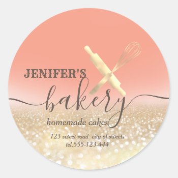Glittery  Rolling Pin & Whisk Chef Script Bakery Classic Round Sticker by Makidzona at Zazzle