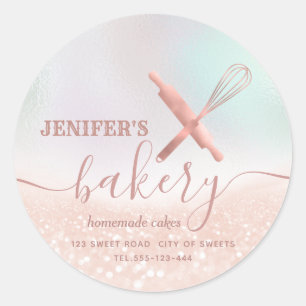 Glittery rolling pin & whisk chef script bakery classic round sticker