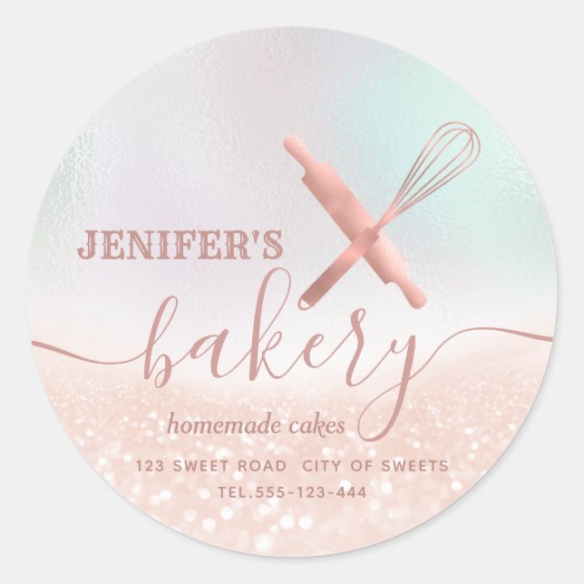 Glittery  rolling pin & whisk chef script bakery classic round sticker (Front)