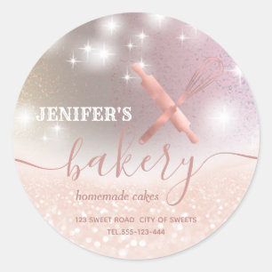 Glittery rolling pin & whisk chef script bakery classic round sticker