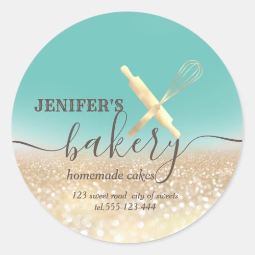Glittery  rolling pin  whisk chef script bakery classic round sticker