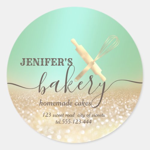 Glittery  rolling pin  whisk chef script bakery classic round sticker