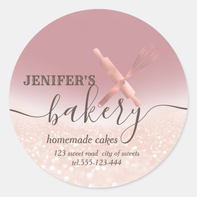 Glittery  rolling pin & whisk chef script bakery classic round sticker (Front)