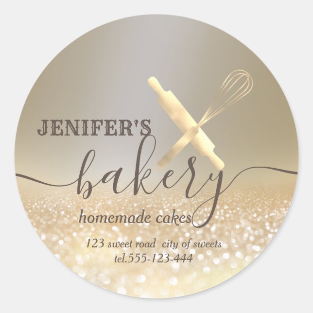 Glittery  rolling pin & whisk chef script bakery classic round sticker (Front)