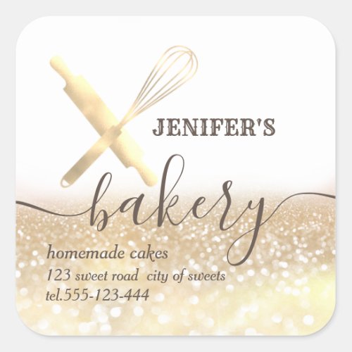 Glittery  rolling pin  whisk chef script bakery square sticker