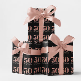 Glittery Rose Gold 50 & Fabulous on Black Wrapping Paper