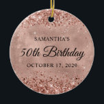 Glittery Rose Gold 50th Birthday Ceramic Ornament<br><div class="desc">Create your own 50th birthday circle ornament for your mother. You can customize the block text or calligraphy wording or font style. The digital art background features a faux rose gold glitter and foil that will print like a photo on these ornaments. On the backside, you can add a family...</div>