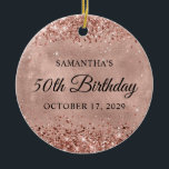 Glittery Rose Gold 50th Birthday Ceramic Ornament<br><div class="desc">Create your own 50th birthday circle ornament for your mother. You can customize the block text or calligraphy wording or font style. The digital art background features a faux rose gold glitter and foil that will print like a photo on these ornaments. On the backside, you can add a family...</div>