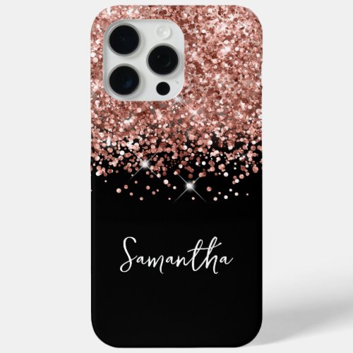 Glittery Rose Gold and Black Glam Name iPhone 15 Pro Max Case