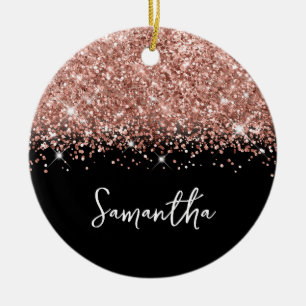 Glittery Rose Gold and Black Glam Name Ceramic Ornament