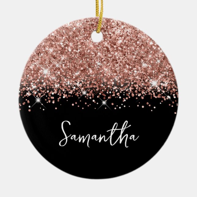 Glittery Rose Gold and Black Glam Name Ceramic Ornament (Front)