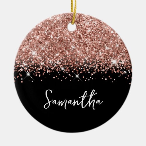 Glittery Rose Gold and Black Glam Name Photo Ceramic Ornament