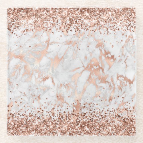 Glittery Rose Gold and Grey Marble Glass Coaster