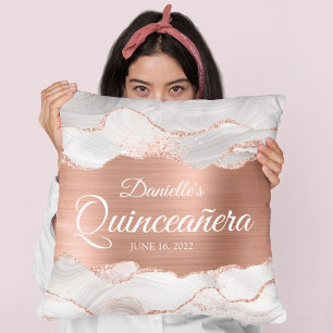 Glittery Rose Gold and White Agate Quinceañera Throw Pillow