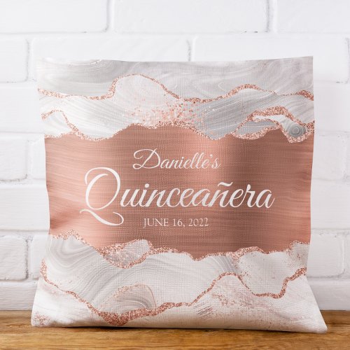 Glittery Rose Gold and White Agate Quinceaera Throw Pillow