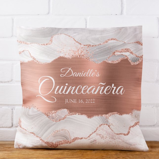 Glittery Rose Gold and White Agate Quinceañera Throw Pillow (Glittery Rose Gold and White Agate Quinceañera Throw Pillow)