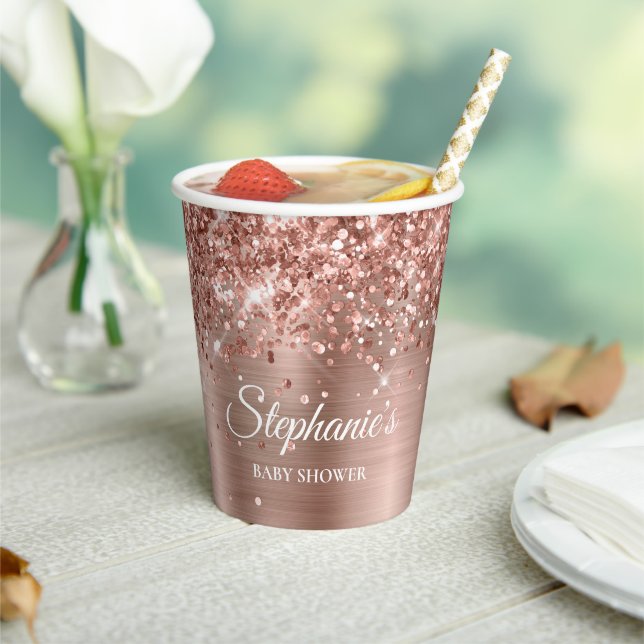 Glittery Rose Gold Baby Shower Paper Cups (Insitu)
