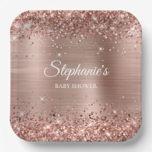 Glittery Rose Gold Baby Shower Paper Plates