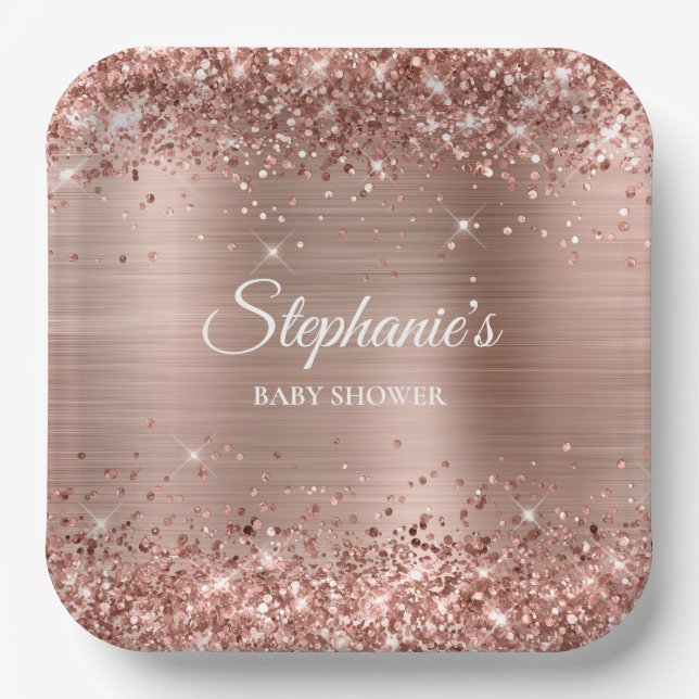 Glittery Rose Gold Baby Shower Paper Plates (Front)