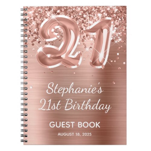 Glittery Rose Gold Balloon 21st Birthday Guestbook Notebook