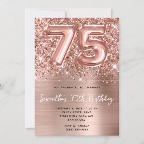 Glittery Rose Gold Balloon Glam 75th Birthday Invitation