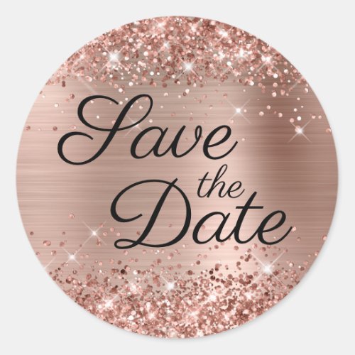 Glittery Rose Gold Black Elegant Save the Date Classic Round Sticker