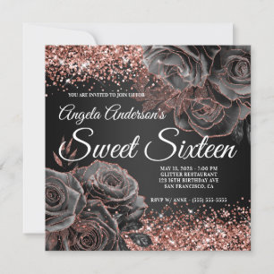 Glittery Rose Gold Black Floral Glam Sweet Sixteen Invitation