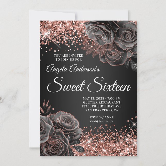 Glittery Rose Gold Black Floral Glam Sweet Sixteen Invitation (Front)