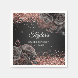 Glittery Rose Gold Black Floral Glam Sweet Sixteen Napkins