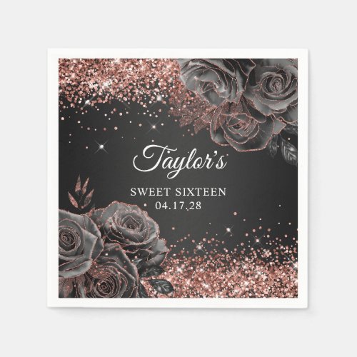 Glittery Rose Gold Black Floral Glam Sweet Sixteen Napkins