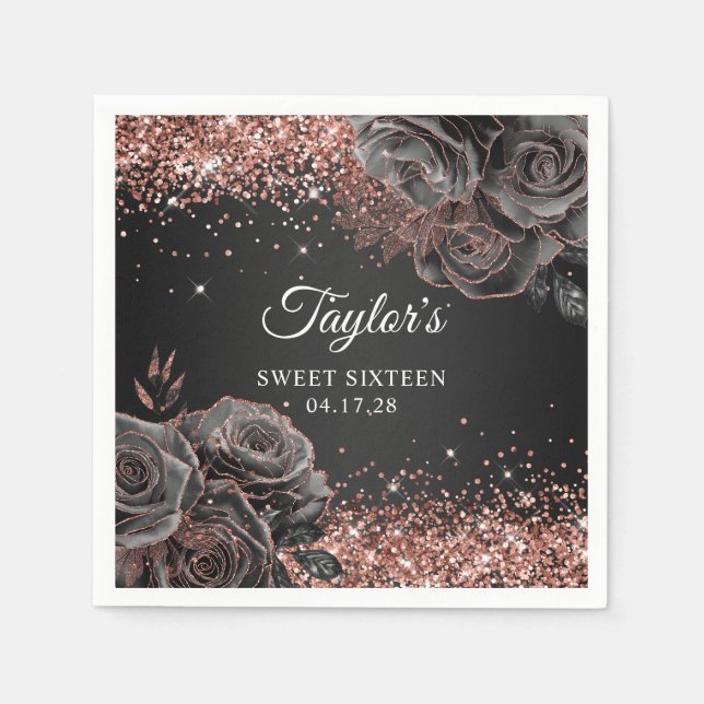 Glittery Rose Gold Black Floral Glam Sweet Sixteen Napkins (Front)