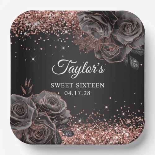 Glittery Rose Gold Black Floral Glam Sweet Sixteen Paper Plates