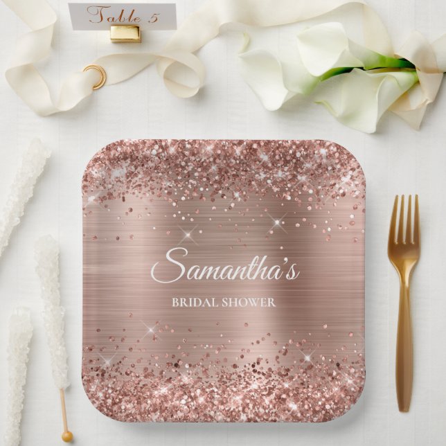 Glittery Rose Gold Bridal Shower Paper Plates (Wedding)