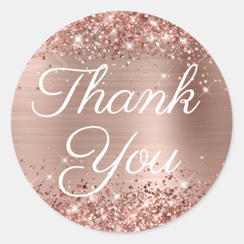 Glittery Rose Gold Elegant Calligraphy Thank You Classic Round Sticker