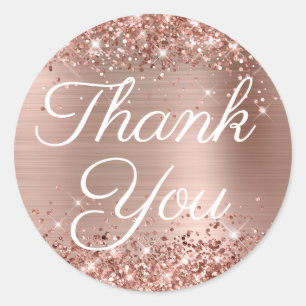 Glittery Rose Gold Elegant Calligraphy Thank You Classic Round Sticker