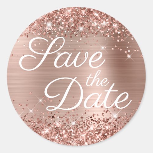 Glittery Rose Gold Elegant Save the Date Classic Round Sticker