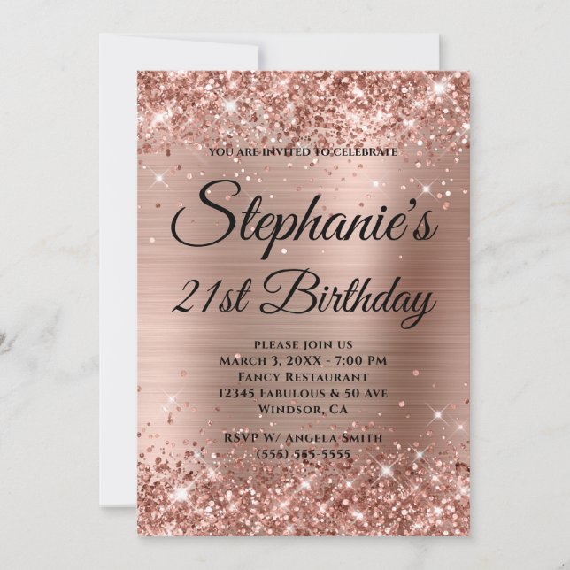 Glittery Rose Gold Fancy Monogram 21st Birthday Invitation (Front)