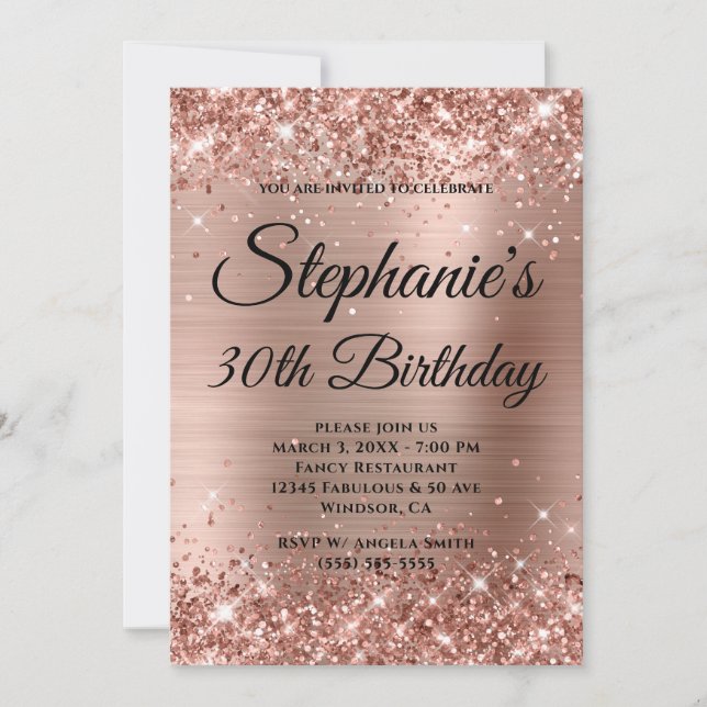 Glittery Rose Gold Fancy Monogram 30th Birthday Invitation (Front)
