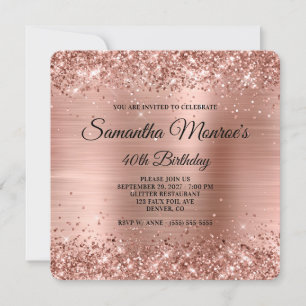 Glittery Rose Gold Fancy Monogram 40th Birthday Invitation