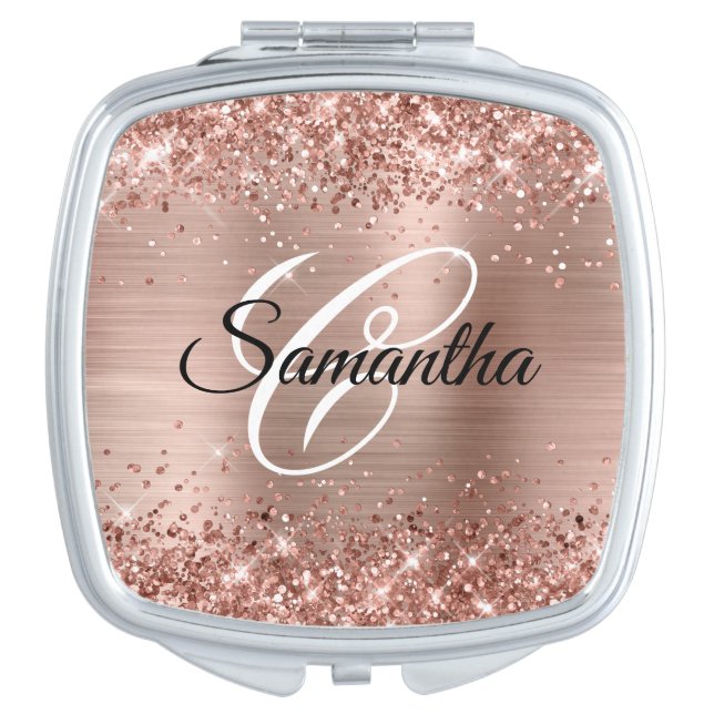 Glittery Rose Gold Fancy Monogram Compact Mirror (Front)