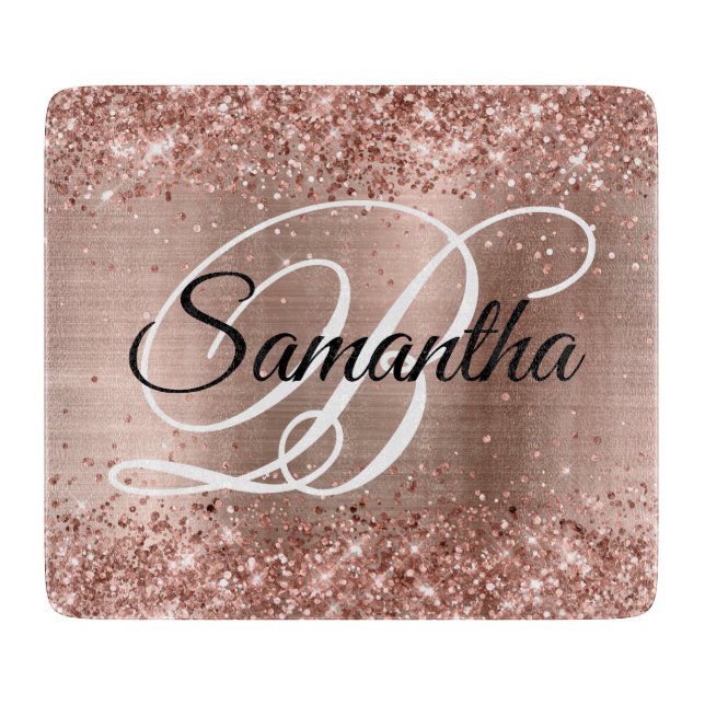 Glittery Rose Gold Fancy Monogram Cutting Board (Front)
