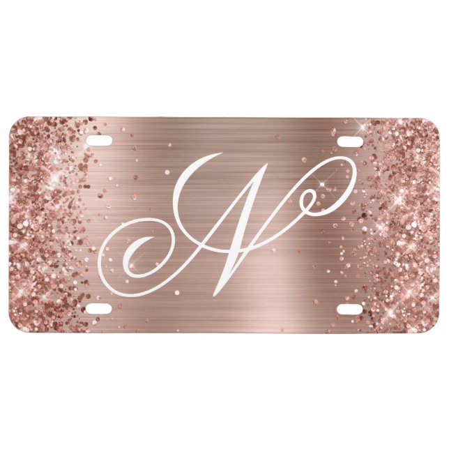 Glittery Rose Gold Fancy Monogram License Plate (Front)