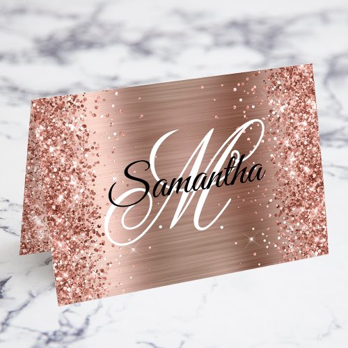 Glittery Rose Gold Fancy Monogram Place Cards