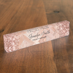 Glittery Rose Gold Faux Wood Pattern Desk Name Plate