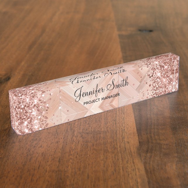 Glittery Rose Gold Faux Wood Pattern Desk Name Plate (Side)