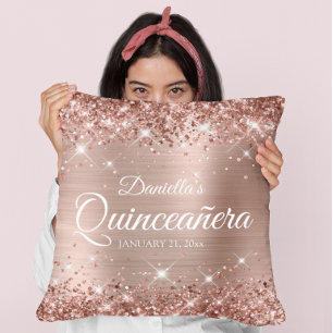 Glittery Rose Gold Foil 15 Quinceañera Throw Pillow