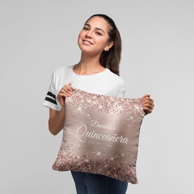 Glittery Rose Gold Foil 15 Quinceañera Throw Pillow (Rose Gold Mis Quince Throw Pillow)