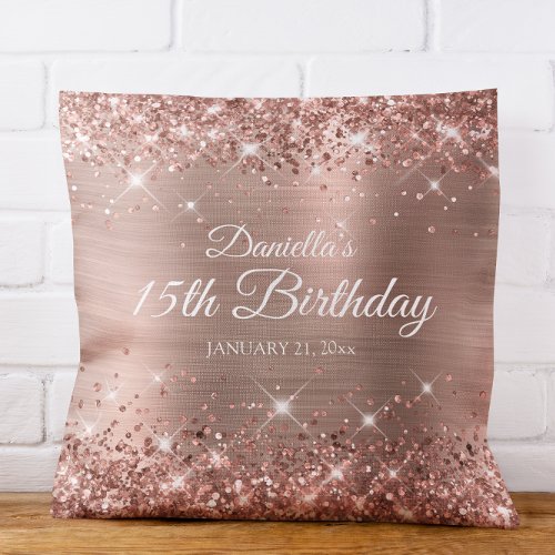 Glittery Rose Gold Foil 15th Birthday Throw Pillow