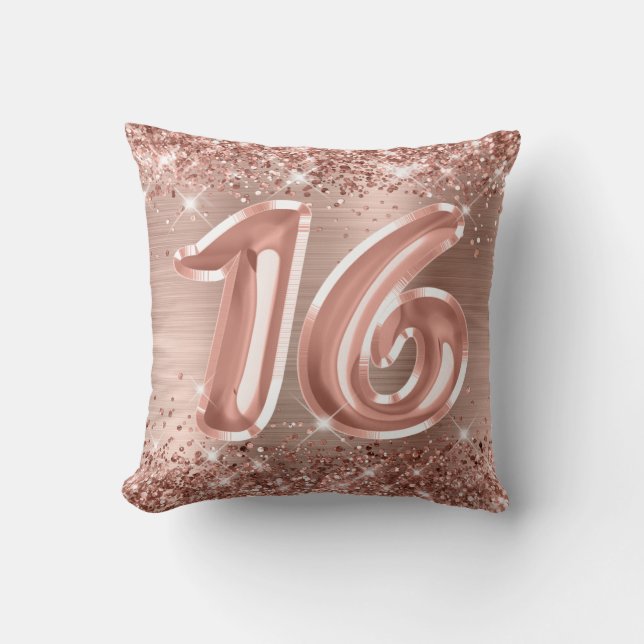 Glittery Rose Gold Foil 16th Birthday Throw Pillow (Front)